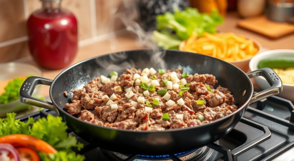 Cooking ground beef for Big Mac Bowl