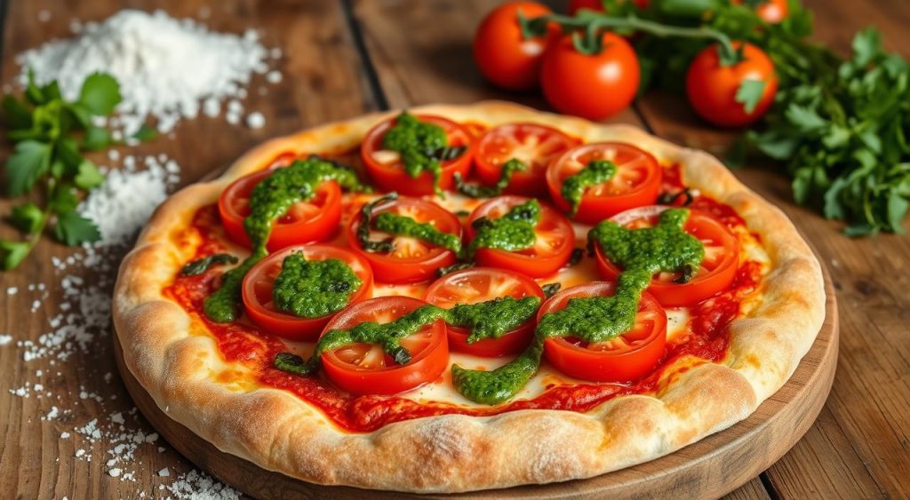 Homemade pizza with chimichurri and whole tomatoes