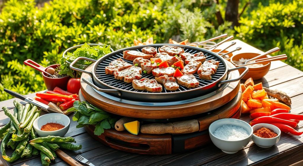 Mongolian grill setup with cooking equipment and grilling tools