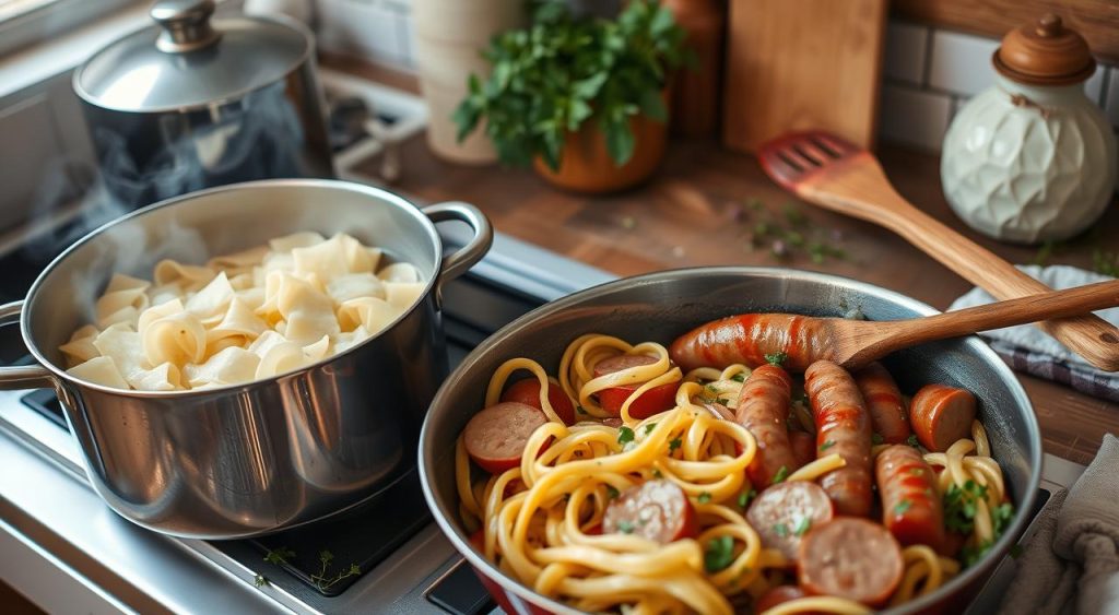 cooking steps for brat pasta