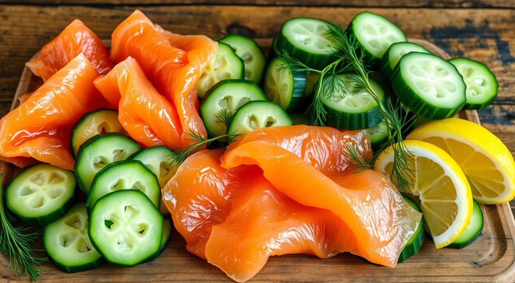 fresh cucumbers and smoked salmon ingredients