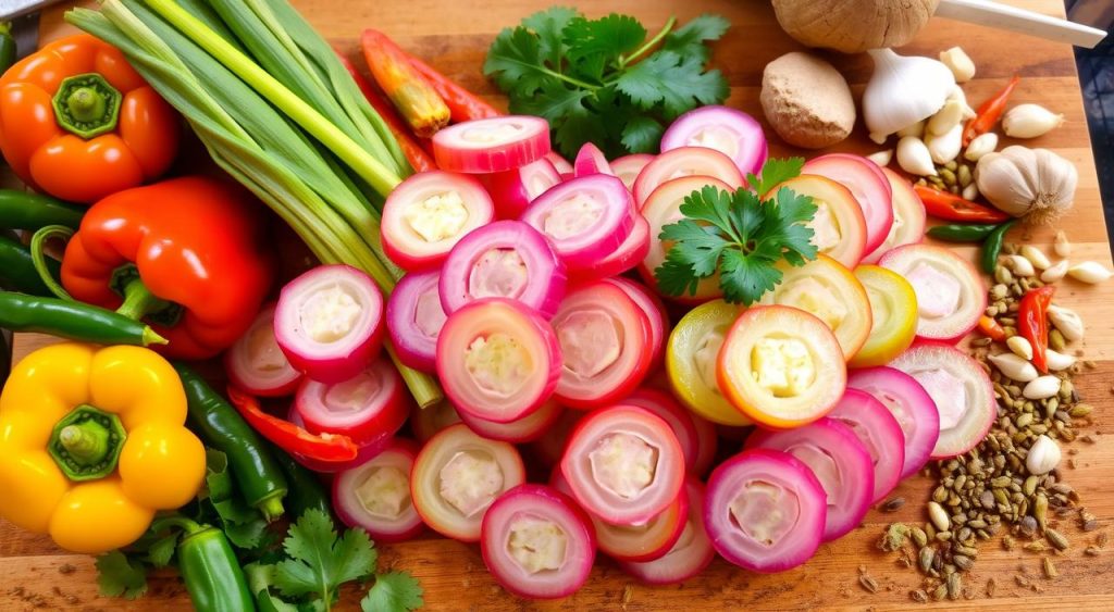 fresh lotus stem stir fry ingredients