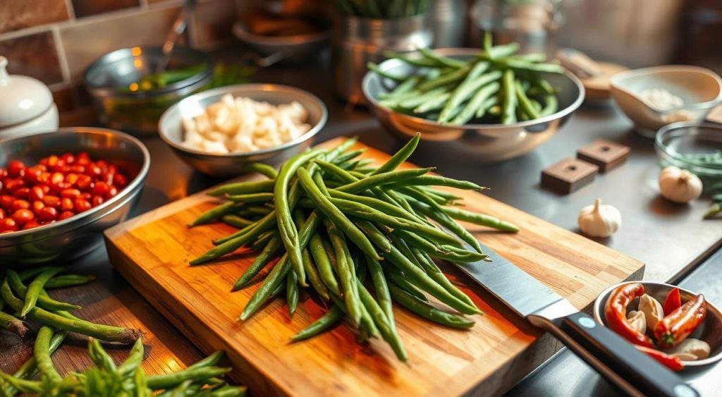 green bean preparation for Din Tai Fung dish