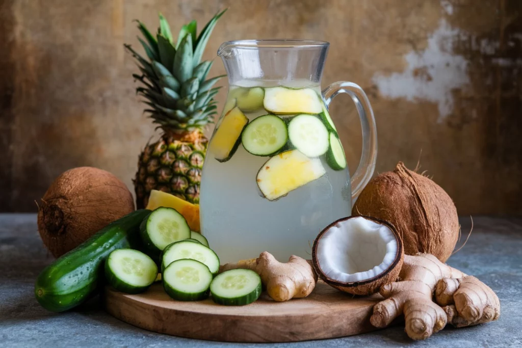 cucumber pineapple ginger coconut water rehydrate recipe