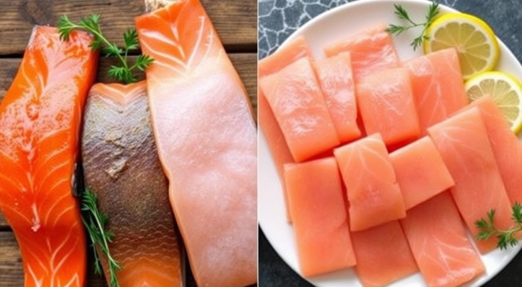 wild-caught and farm-raised salmon selection