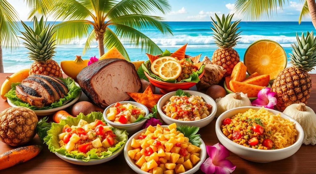 Hawaiian cuisine showcasing traditional Hawaiian dishes and tropical flavors