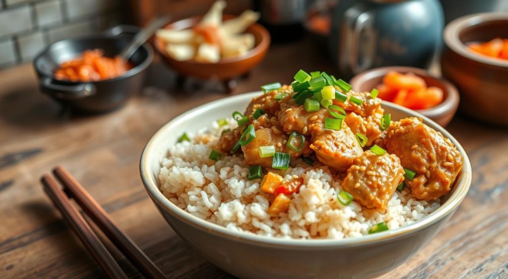 Korean chicken rice highlighting comfort food