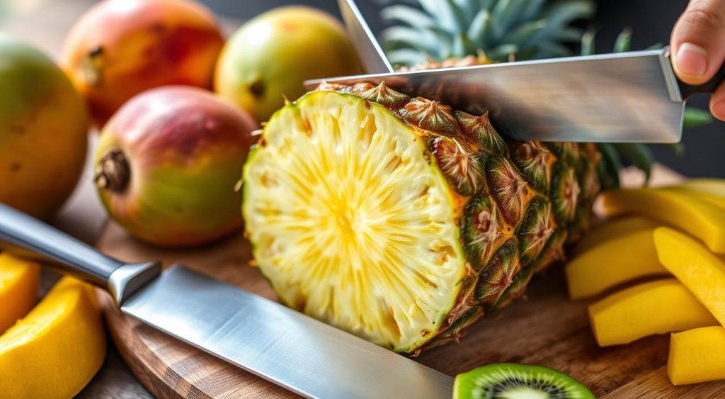 cutting pineapple for salad preparation