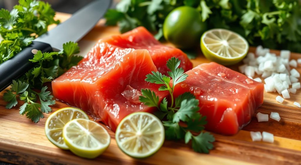 preparing tuna for ceviche